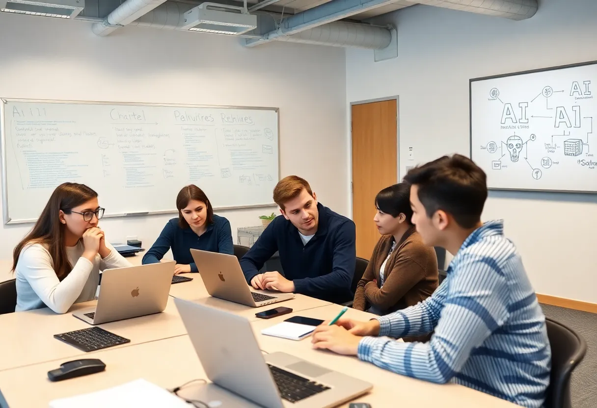 College students working on artificial intelligence projects in a classroom.