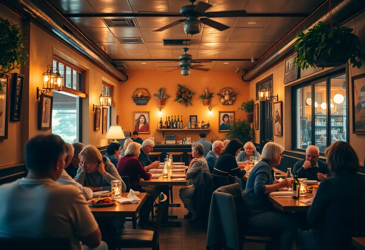 A cozy and inviting restaurant interior with diners enjoying food and drinks.