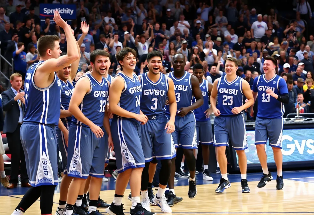 GVSU women's basketball team celebrating after semifinal victory