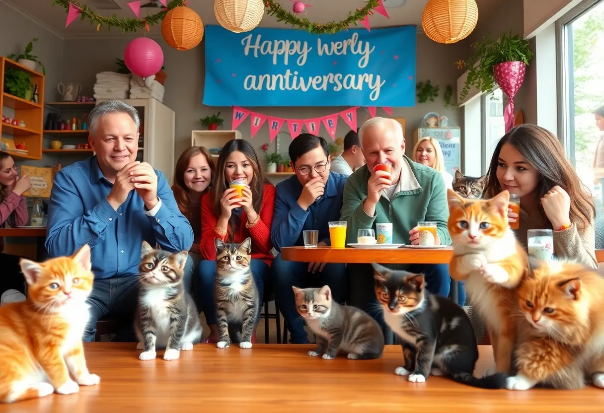 Celebration at Happy Cat Café with visitors and kittens