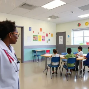 Interior view of the newly opened health center at Harrison Park Academy with medical equipment and children's art on the walls.