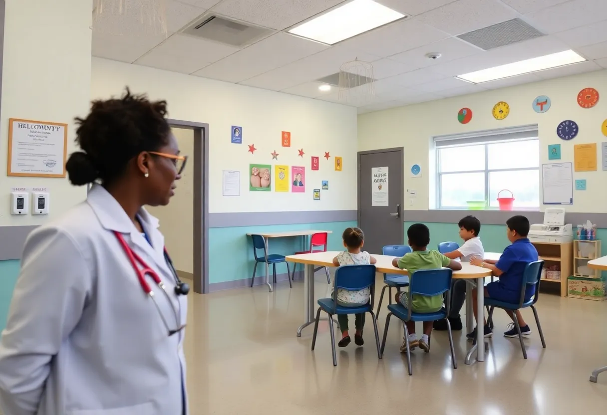Interior view of the newly opened health center at Harrison Park Academy with medical equipment and children's art on the walls.