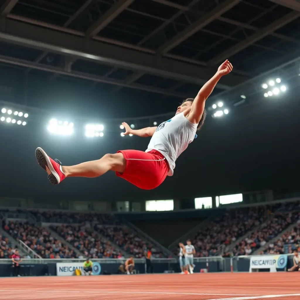 Athlete performing a high jump at a track and field event