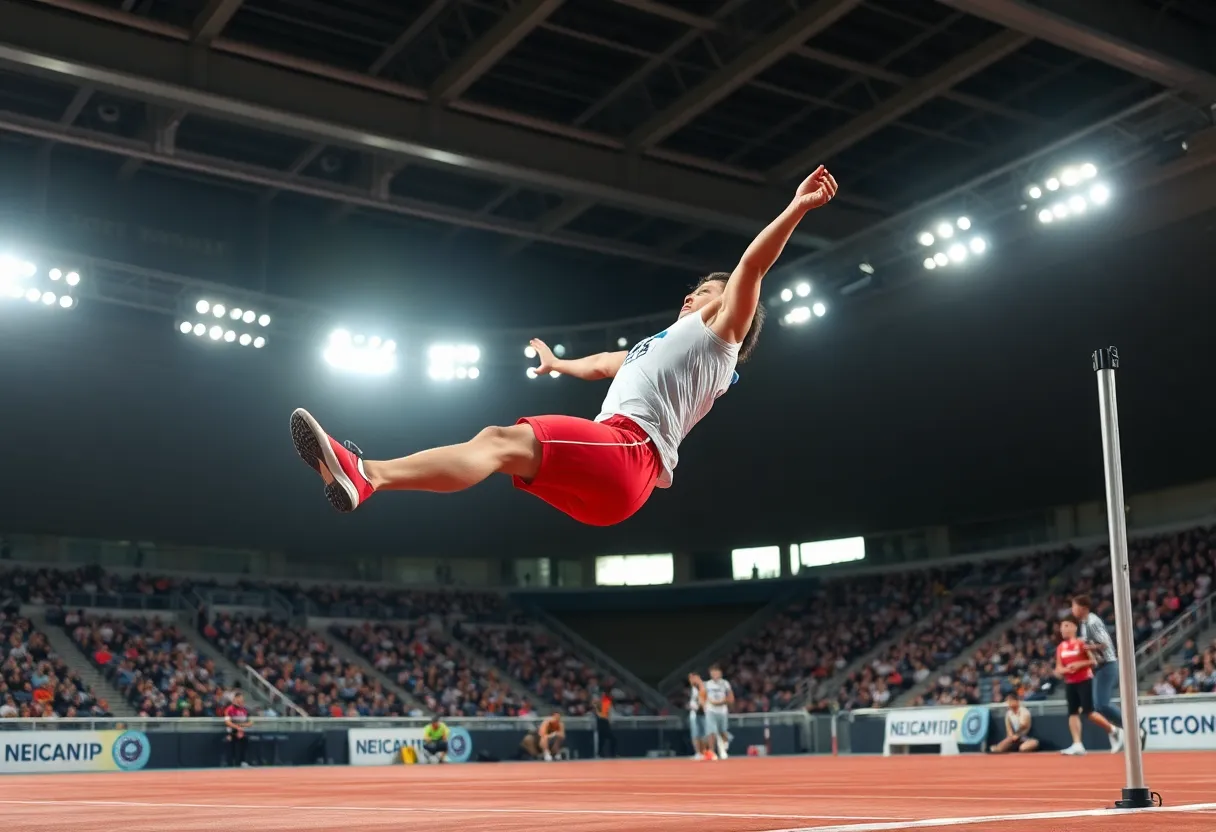 Athlete performing a high jump at a track and field event