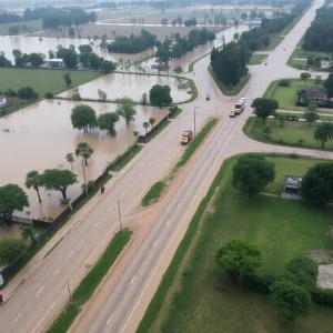 Aerial view of flooding in Houghton County with visible road damage.