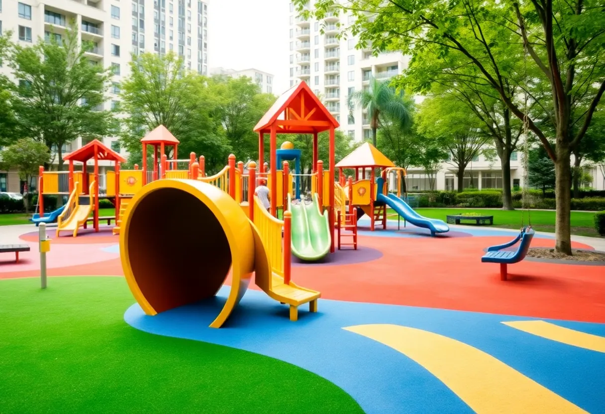 New playground equipment and structures at Houseman Field in Grand Rapids