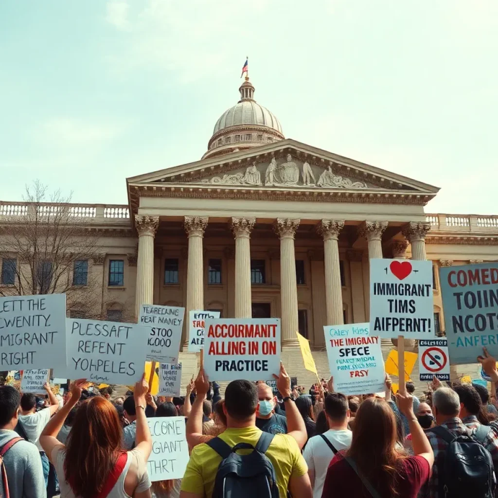 Activists advocating for ICE reform outside a legislative building