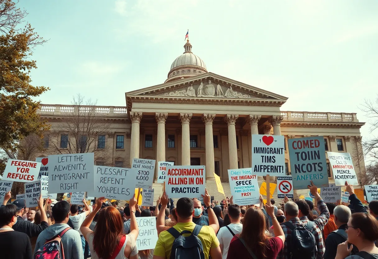 Activists advocating for ICE reform outside a legislative building