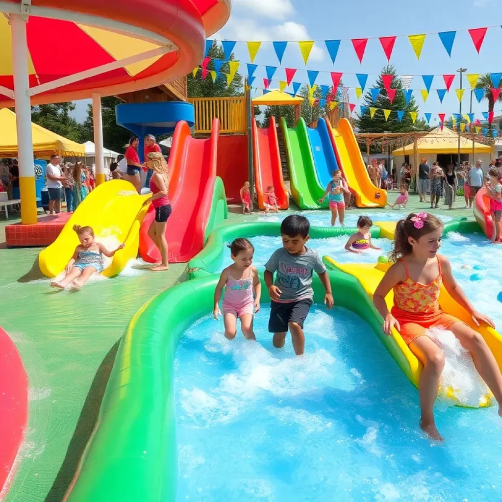 Families enjoying slip 'n slides on a summer day in Jenison, Michigan