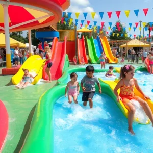 Families enjoying slip 'n slides on a summer day in Jenison, Michigan