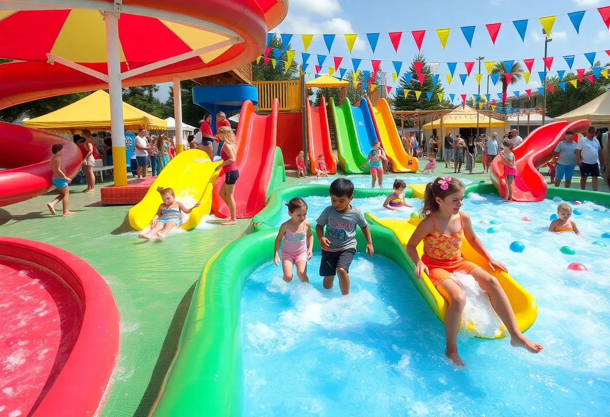 Families enjoying slip 'n slides on a summer day in Jenison, Michigan