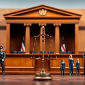 Symbolic representation of justice with a courtroom scale.