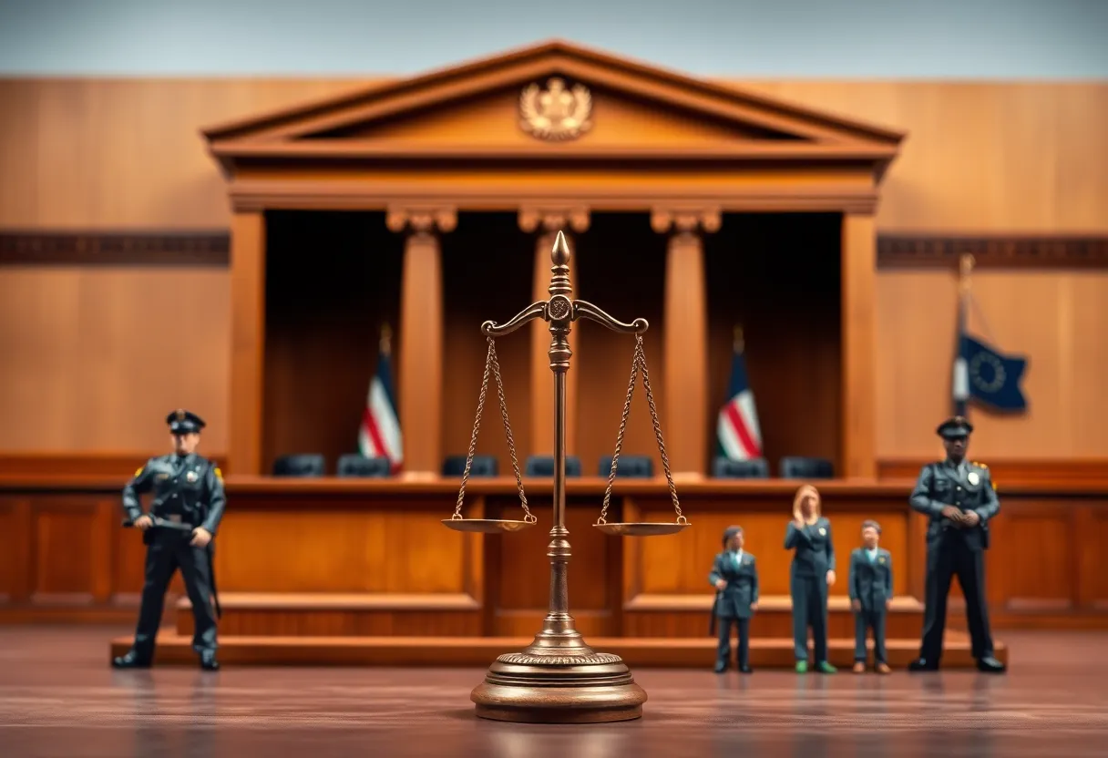 Symbolic representation of justice with a courtroom scale.