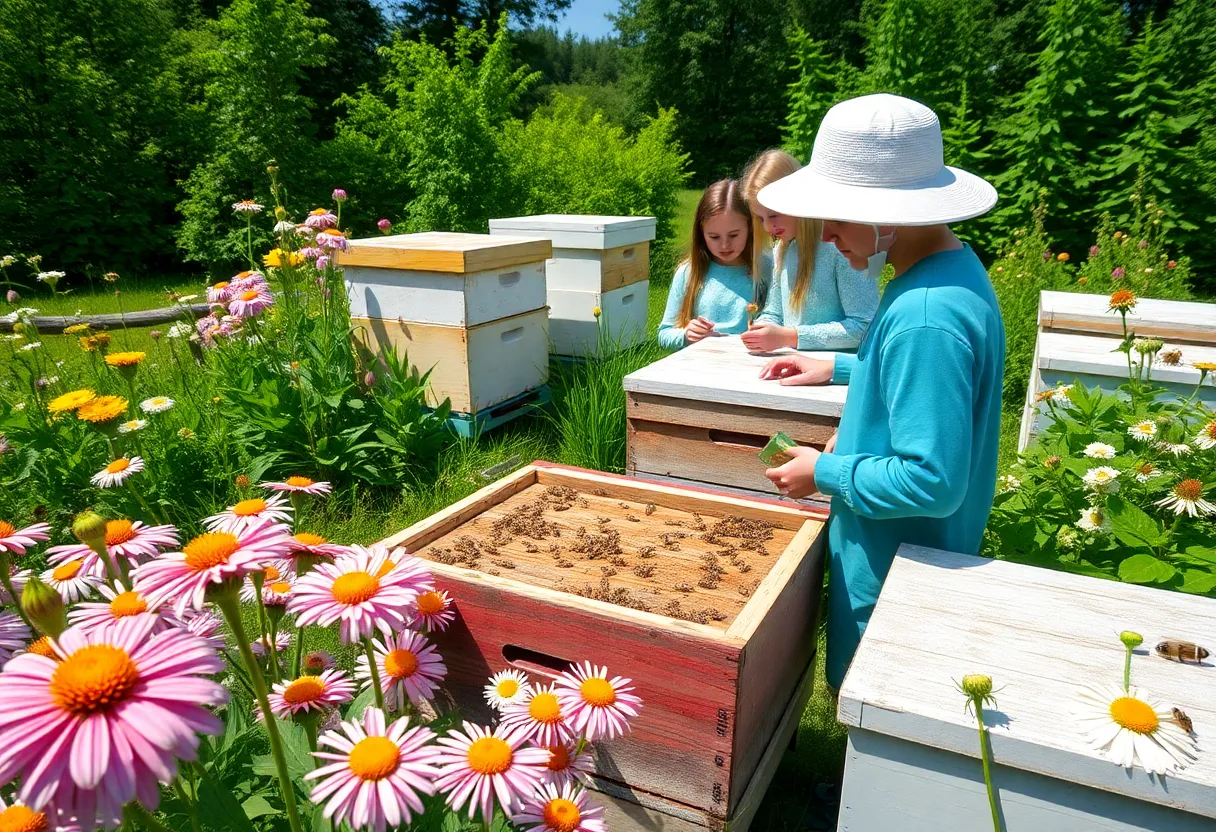 Students learning about bees in the learning apiary at Grand Rapids Community College