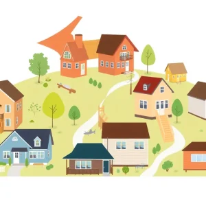 Illustration of diverse housing developments in Michigan as part of the MI Home Program