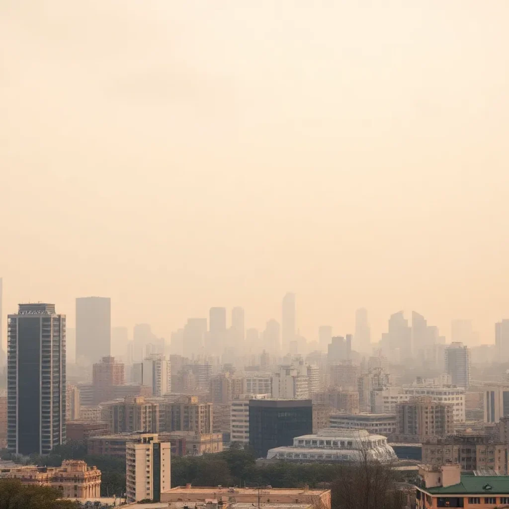 Smoky urban skyline indicating poor air quality