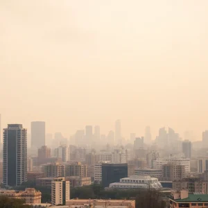 Smoky urban skyline indicating poor air quality