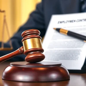 A gavel on top of an employment contract document signifying legal decisions.