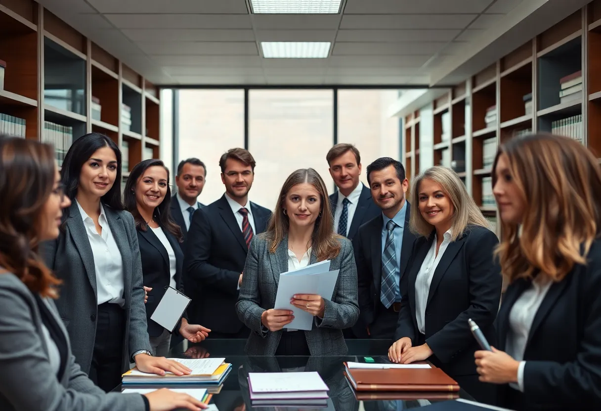 Team of attorneys collaborating in a modern law office