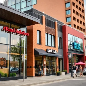 Diverse Native American-owned businesses in a bustling Grand Rapids environment