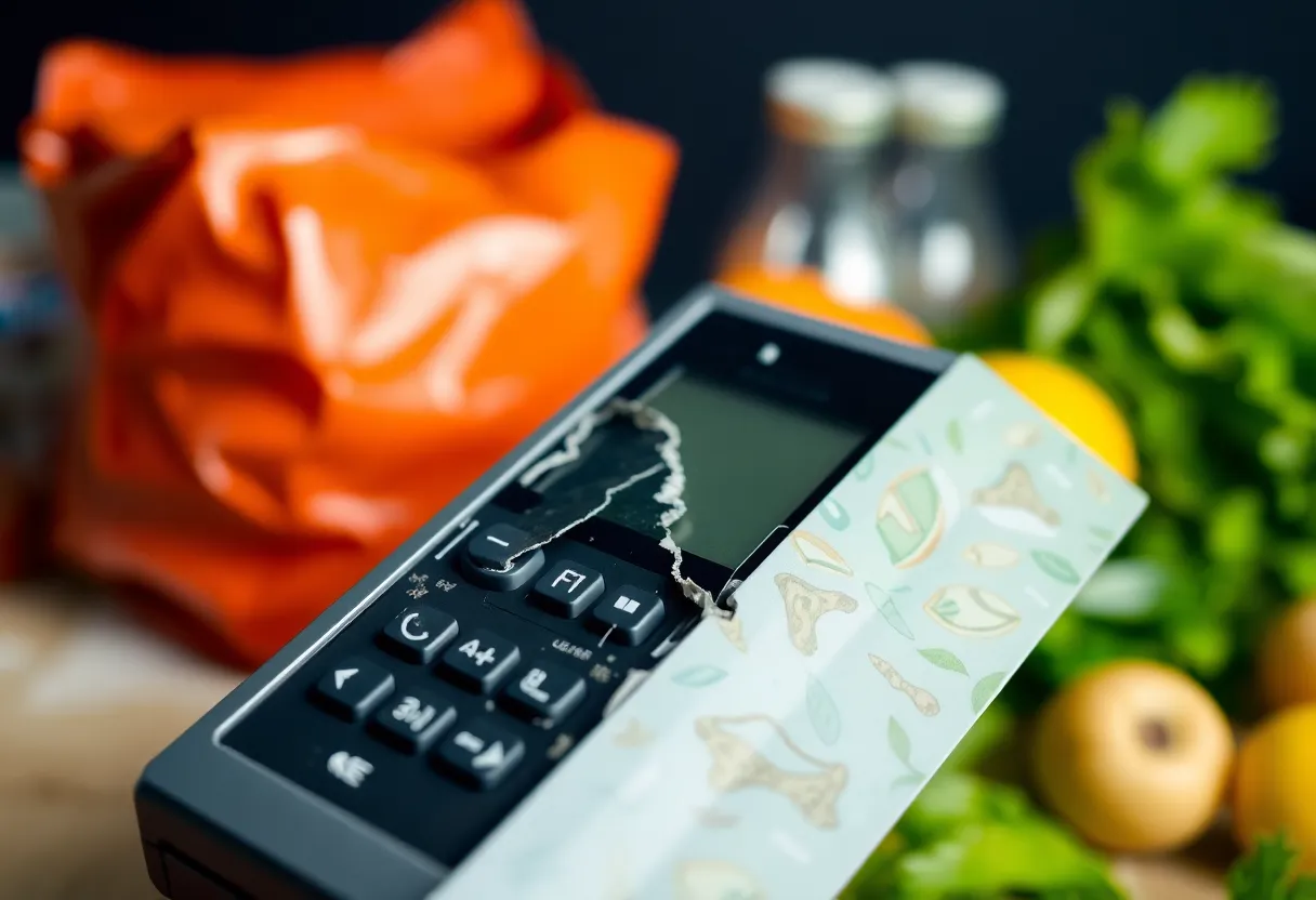 Illustration of an outdated electronic card system related to food assistance.