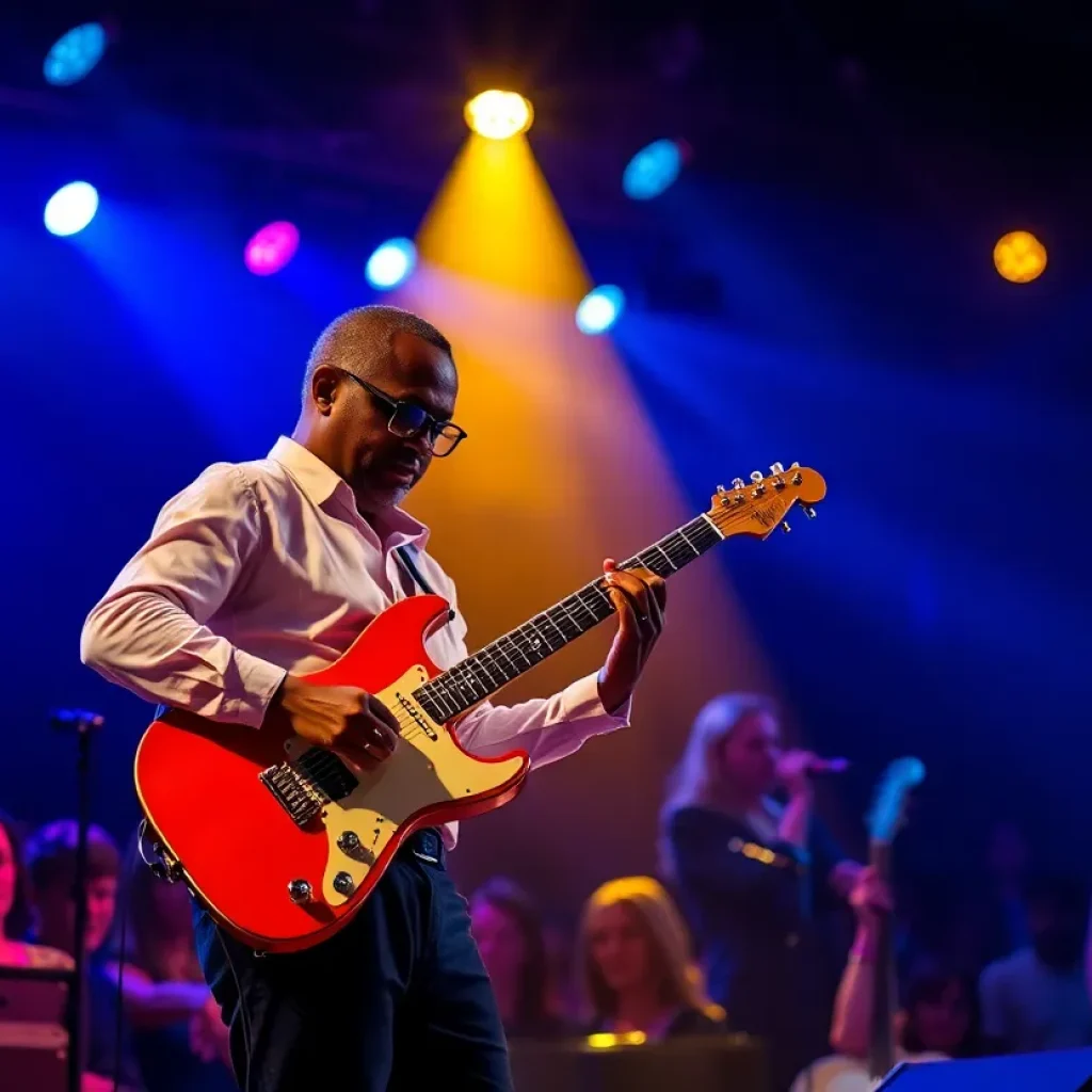 Jazz guitarist performing live on stage during a concert.