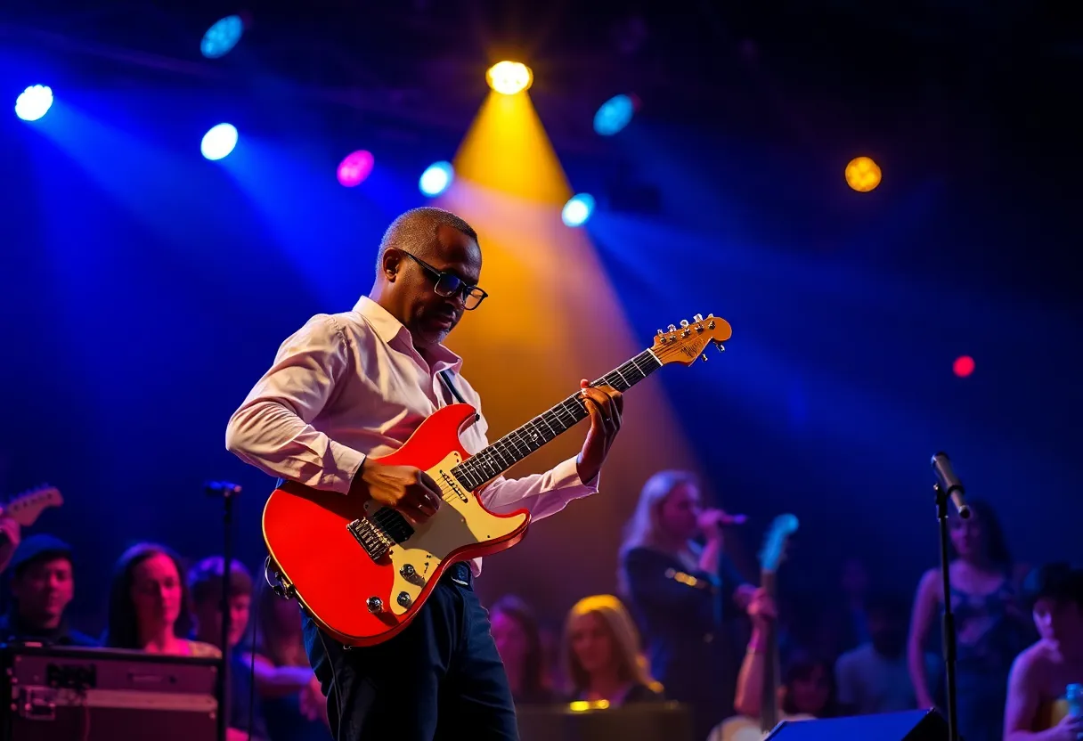 Jazz guitarist performing live on stage during a concert.