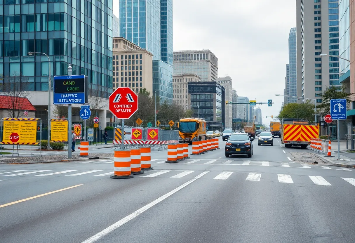 Construction workers and traffic on Plainfield Avenue