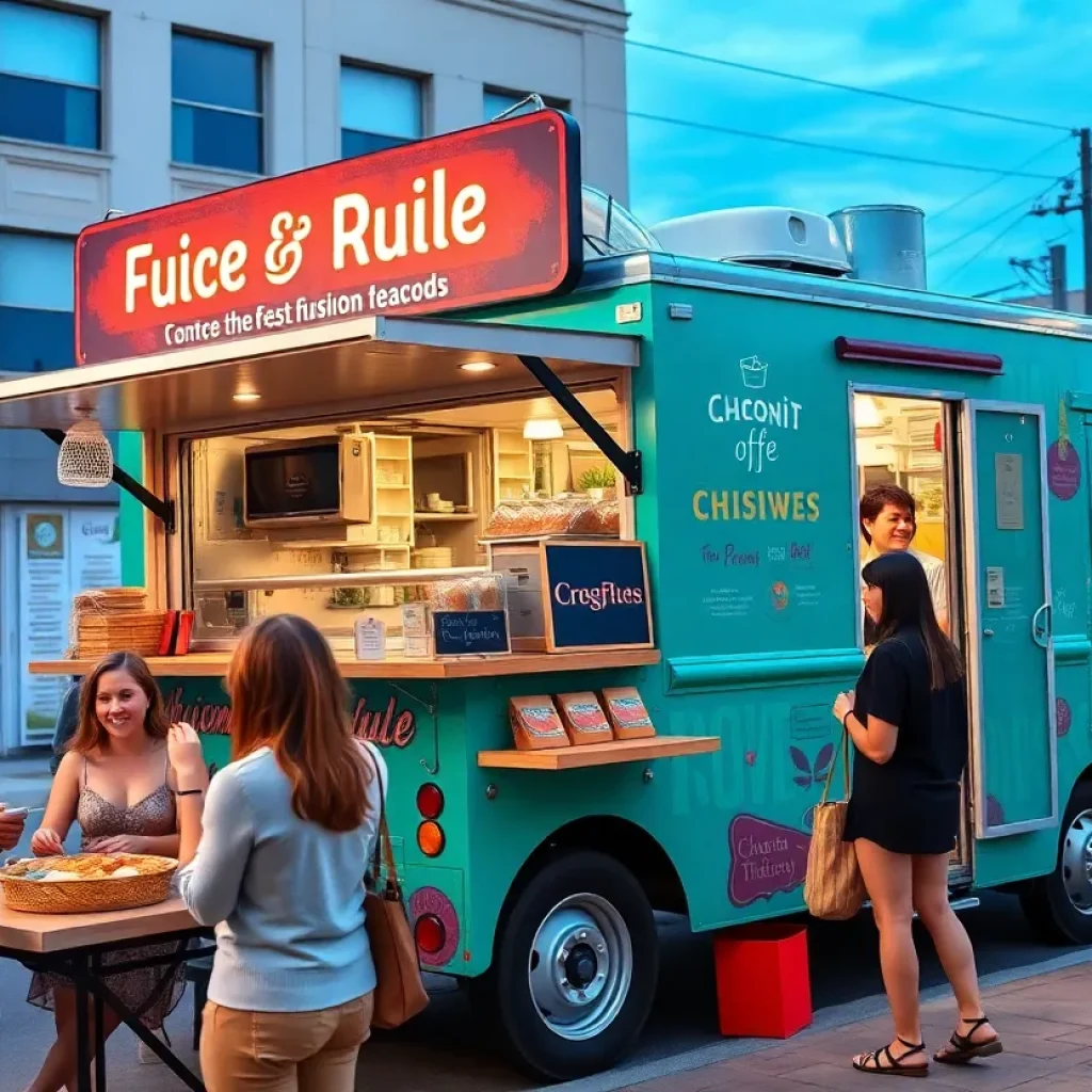 Teal food truck named Pressed in Time serving culinary fusion dishes