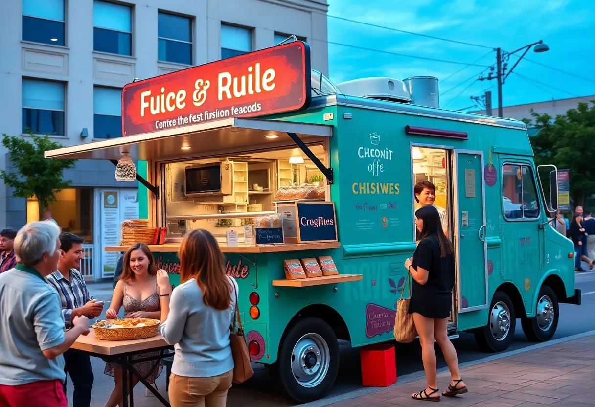 Teal food truck named Pressed in Time serving culinary fusion dishes