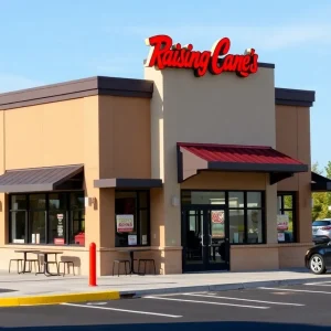 Rendering of the new Raising Cane's restaurant with drive-thru lanes in Kentwood.