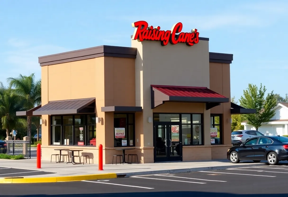 Rendering of the new Raising Cane's restaurant with drive-thru lanes in Kentwood.
