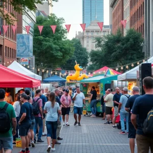 Festival attendees enjoying music and art along the riverwalk
