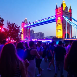 Silent disco participants dancing under the Blue Bridge in Grand Rapids