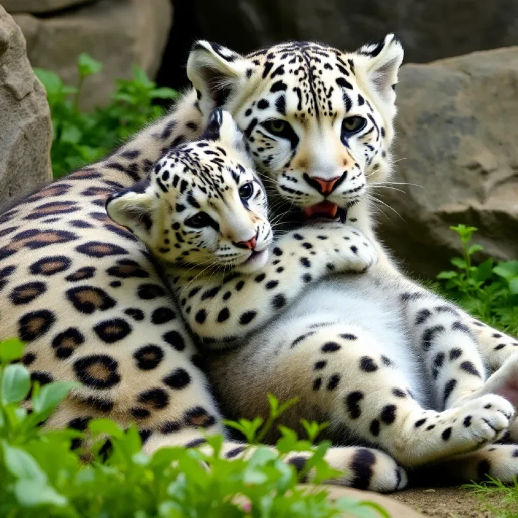 A snow leopard cub resting with its mother in a cozy den.