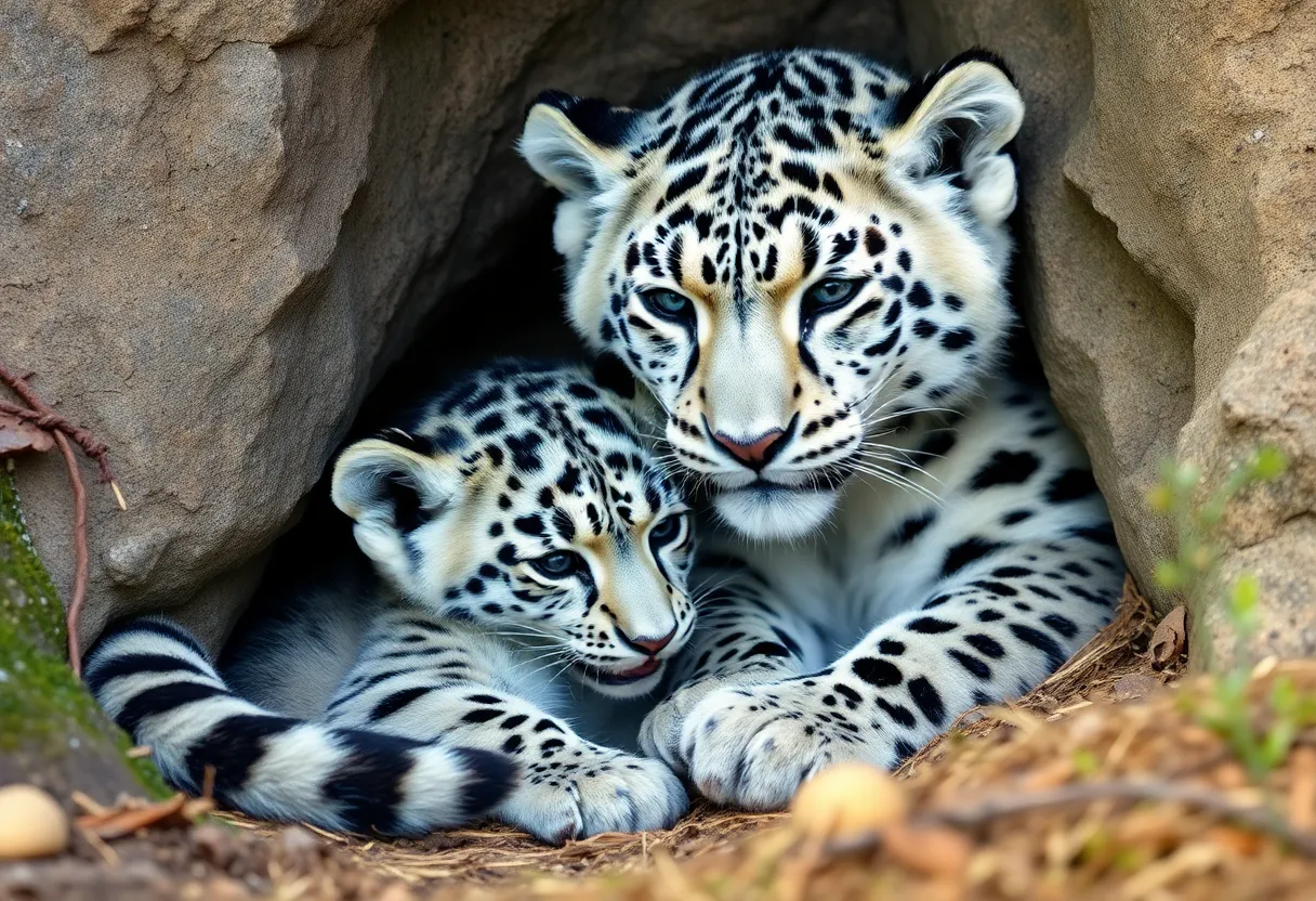 A snow leopard cub resting with its mother in a cozy den.