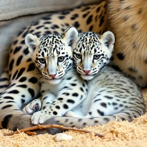 Snow leopard cub bonding with its mother at John Ball Zoo.