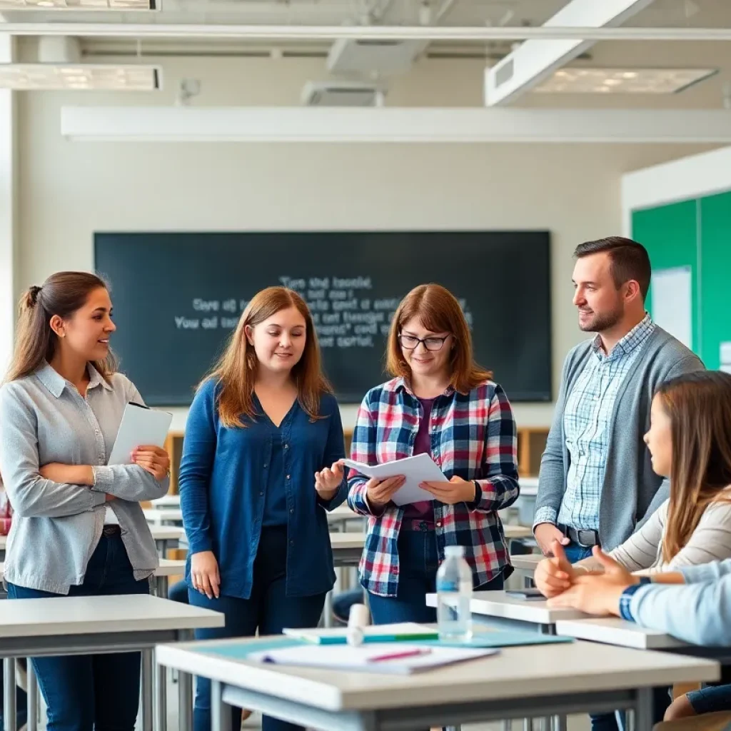 Teachers and students interacting in a classroom setting