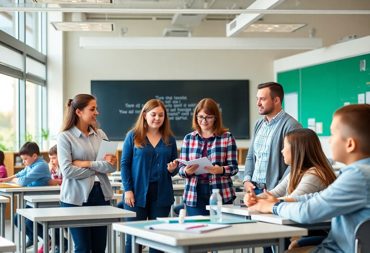 Teachers and students interacting in a classroom setting