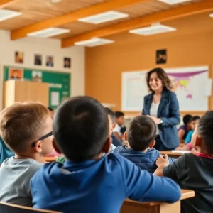 A vibrant classroom with a teacher and students collaborating on a lesson.
