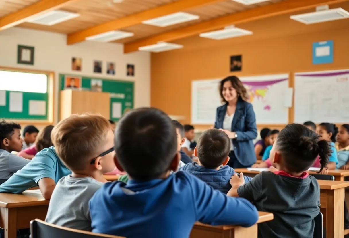 A vibrant classroom with a teacher and students collaborating on a lesson.