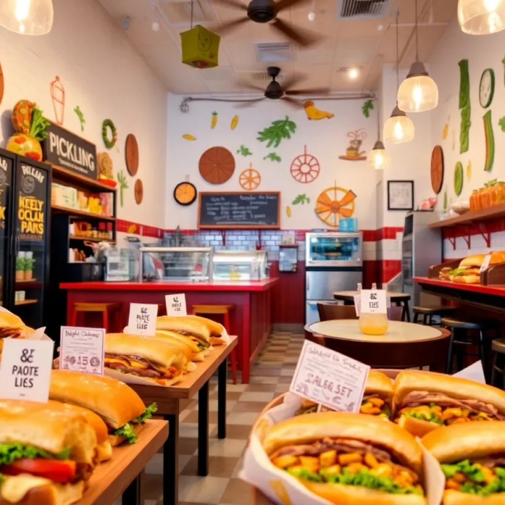 Interior view of The Toasted Pickle restaurant showcasing unique sandwiches.