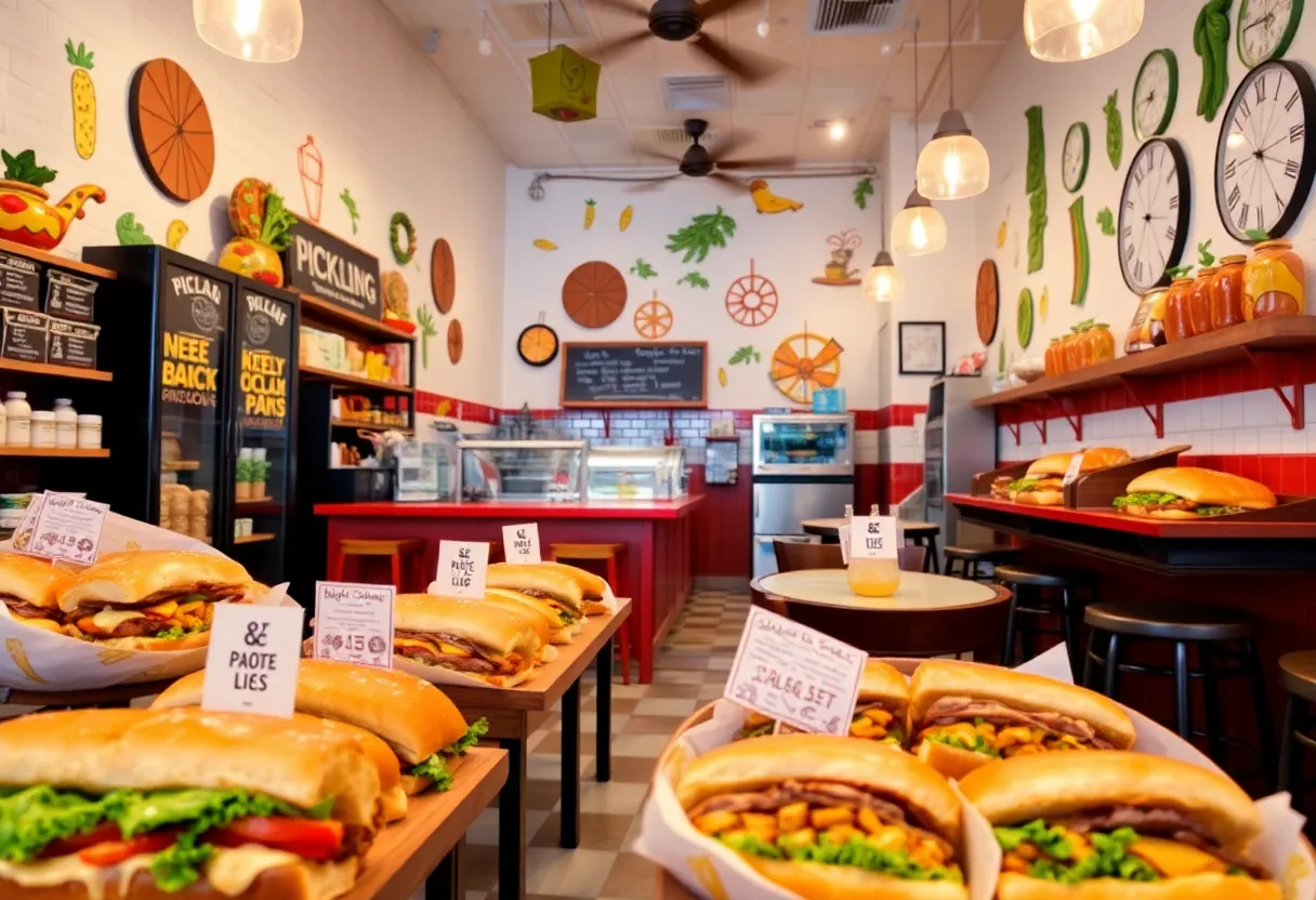 Interior view of The Toasted Pickle restaurant showcasing unique sandwiches.