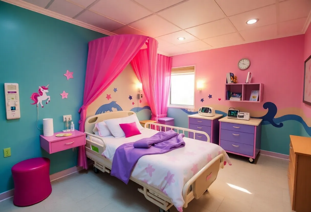 A colorful hospital room decorated in a unicorn theme for a young patient.