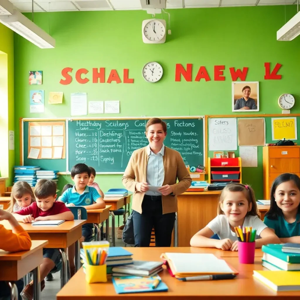 A classroom setup with students' desks, books, and school supplies for the new academic year