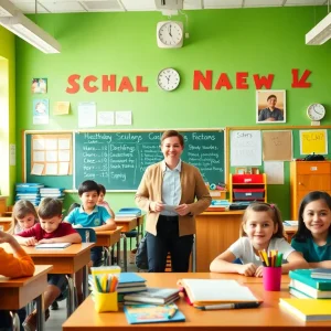 A classroom setup with students' desks, books, and school supplies for the new academic year