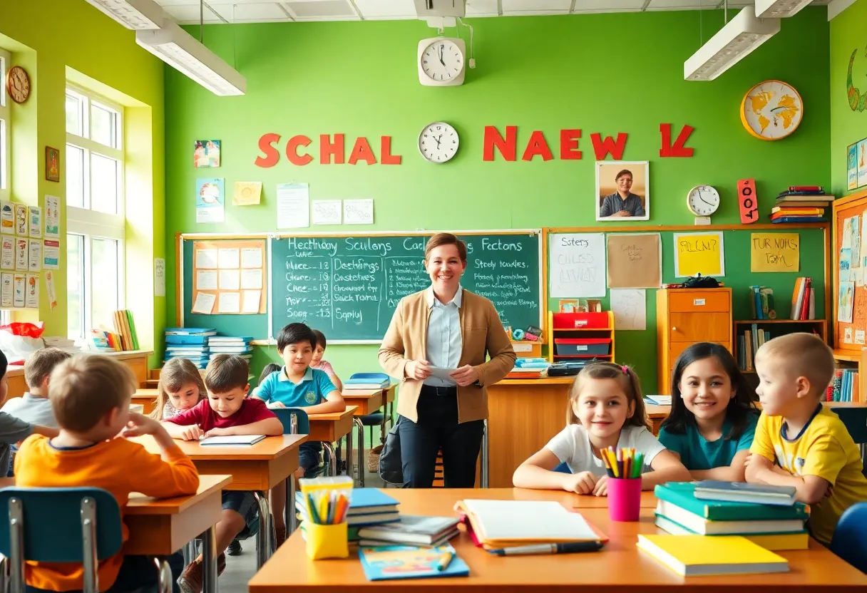 A classroom setup with students' desks, books, and school supplies for the new academic year