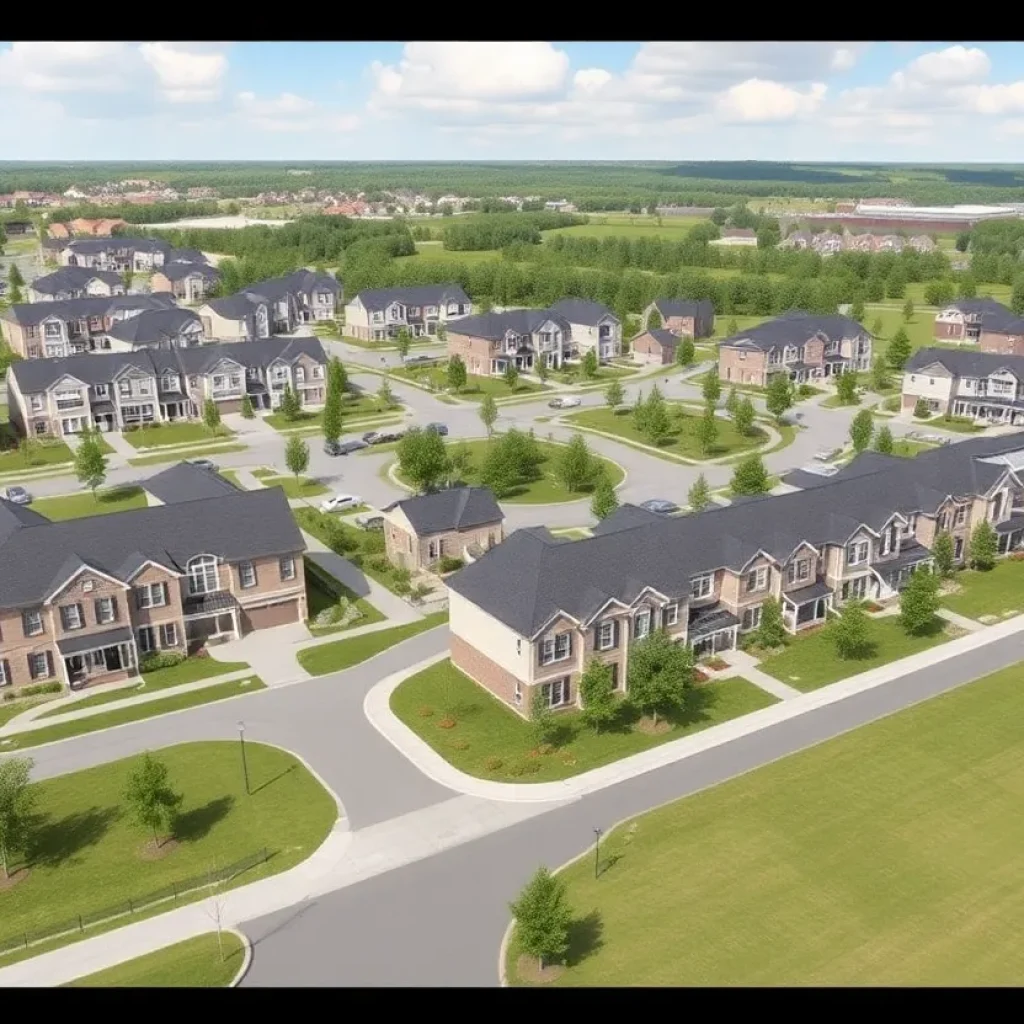 Rendering of a residential neighborhood in Wyoming, MI with homes and green spaces