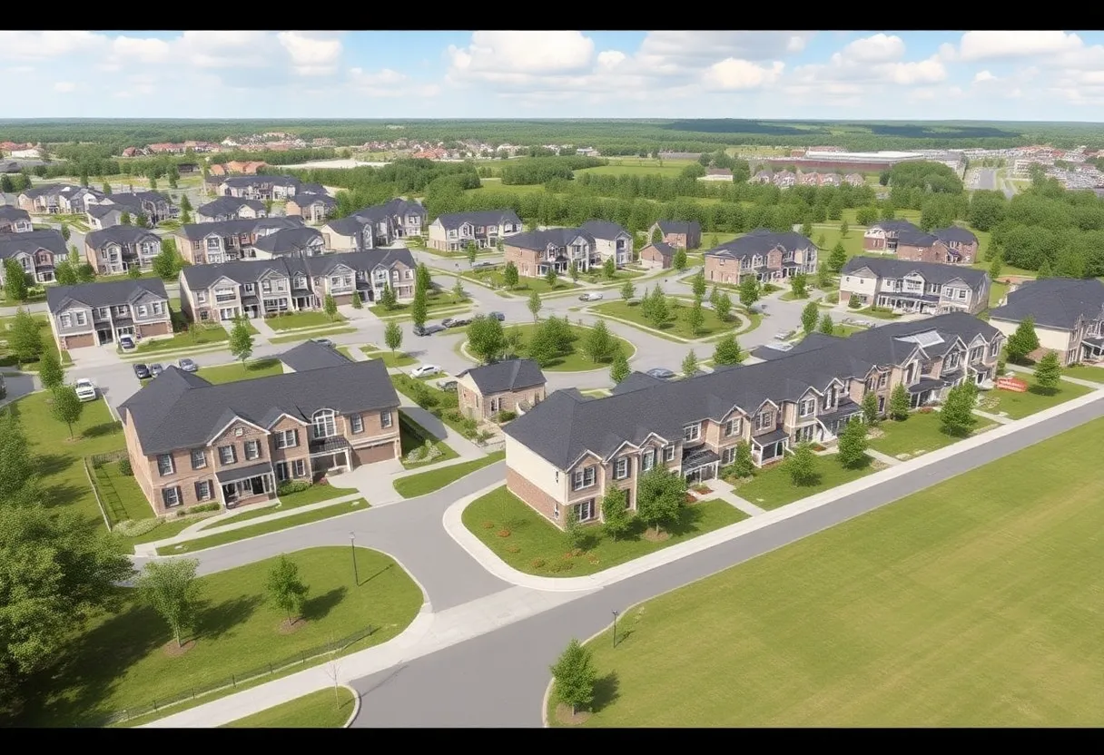 Rendering of a residential neighborhood in Wyoming, MI with homes and green spaces