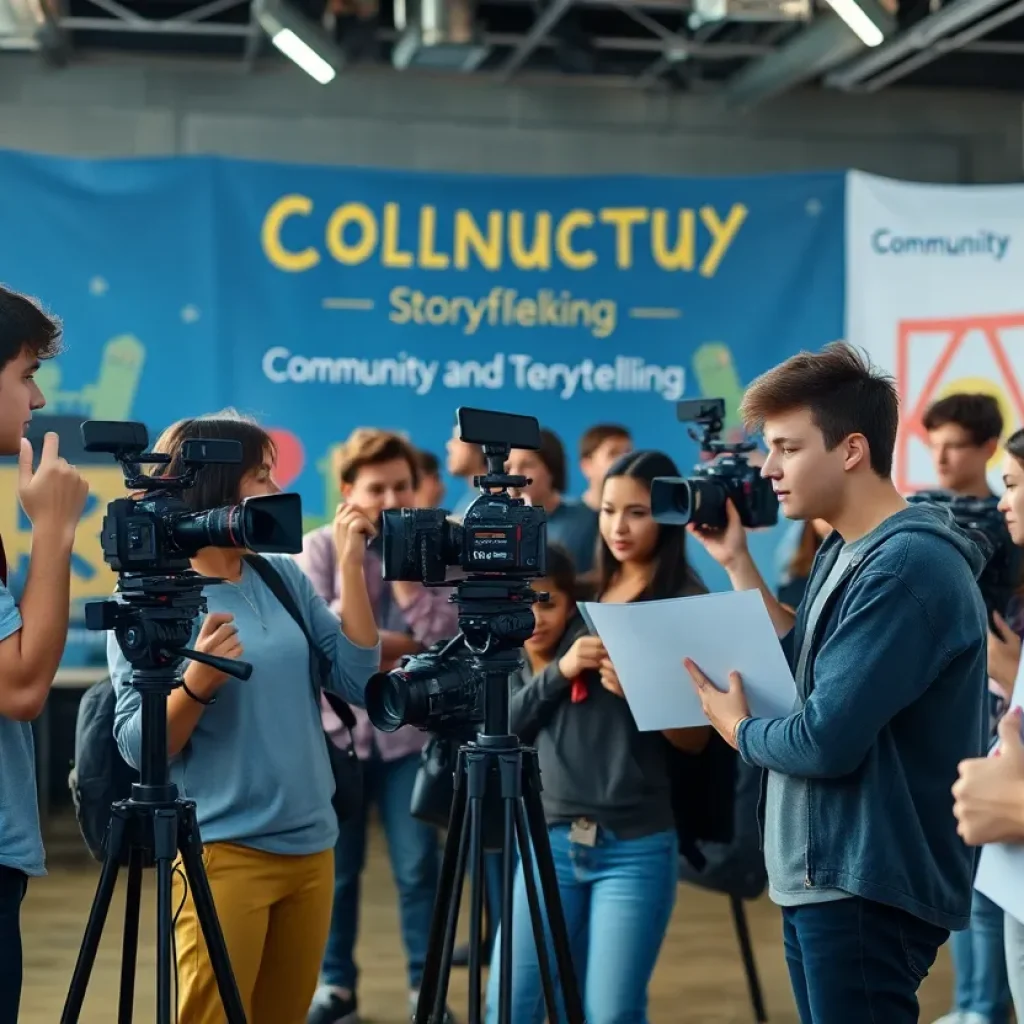 Young filmmakers collaborating on a film project